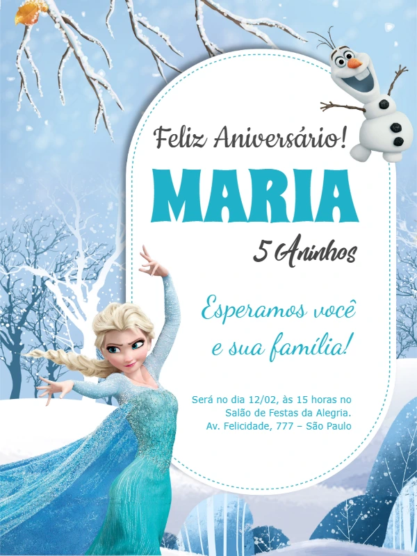 Convite de Aniversário Frozen com Elsa e Olaf para Editar