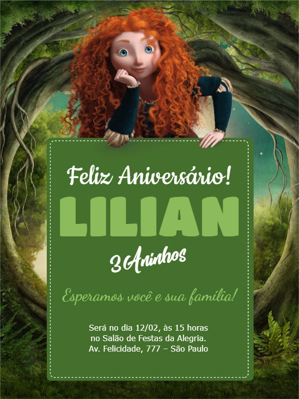 Convite de Aniversário Valente com a Merida para Editar Online