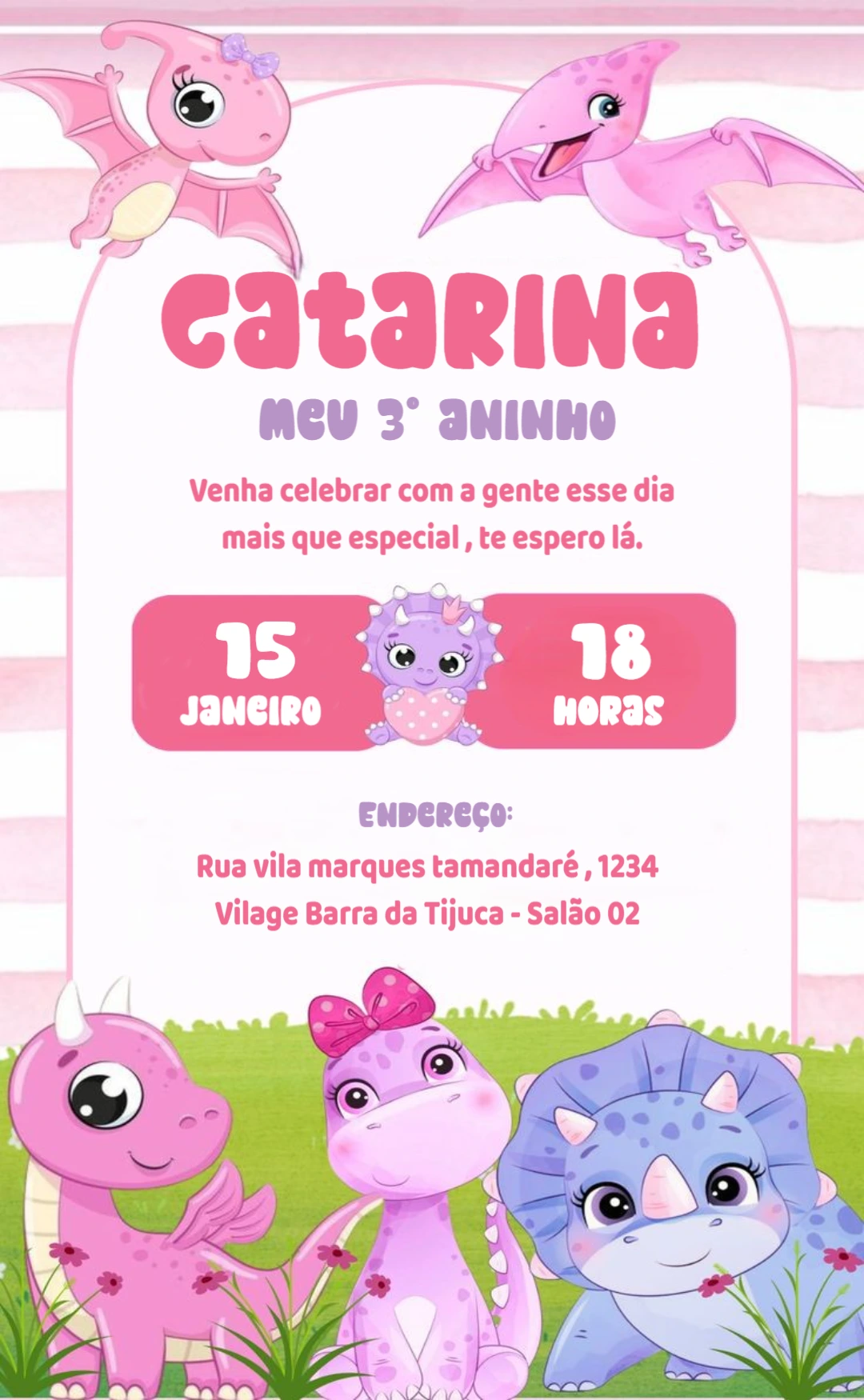 Convite Aniversário Dinossauro Baby Rosa para Editar Online