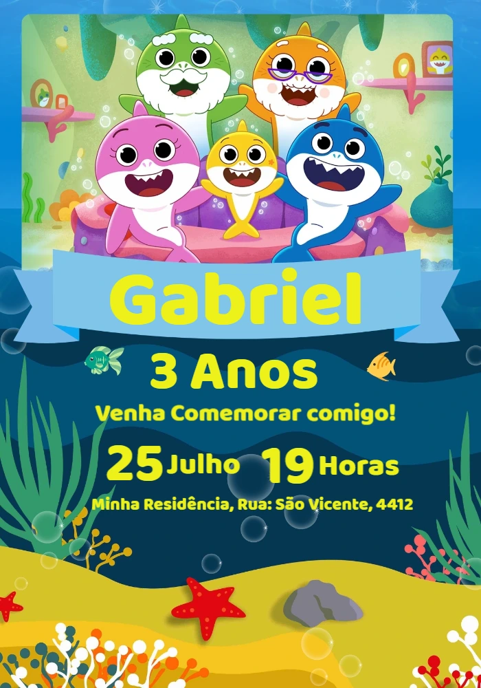 Convite Aniversário Baby Shark com Personagens para Editar Online