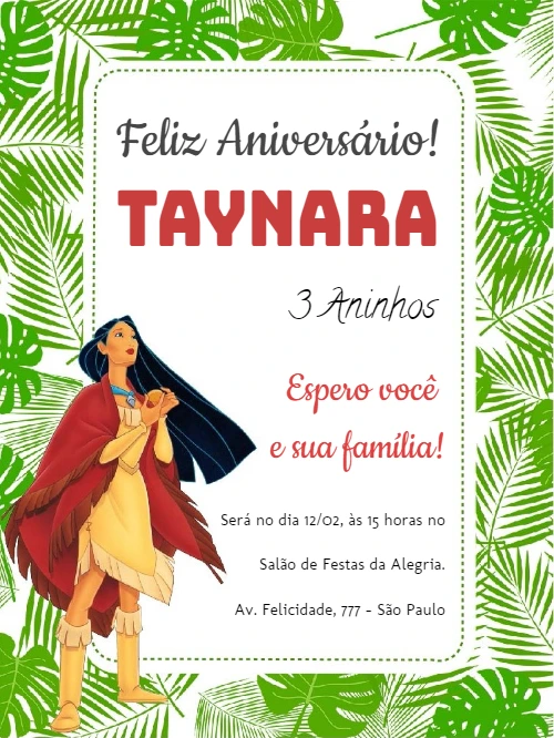 Convite de Aniversário Pocahontas para Editar Online