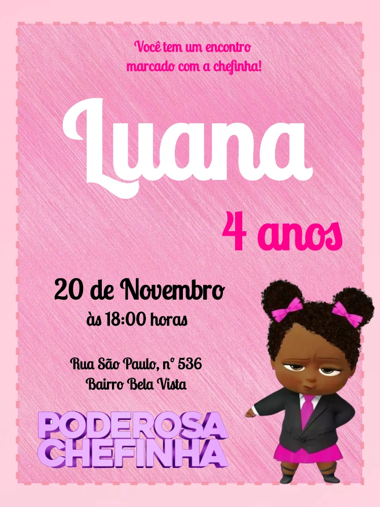 Convite Aniversário Poderosa Chefinha Negra para Editar Online