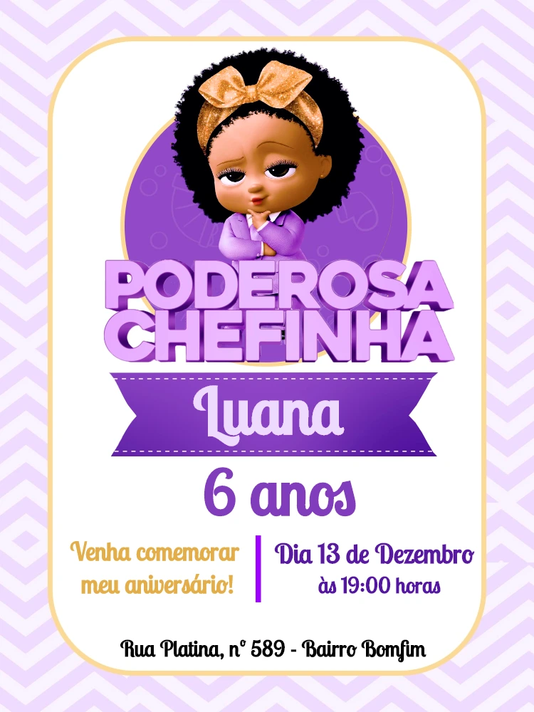 Convite Aniversário Poderosa Chefinha Negra para Editar Online