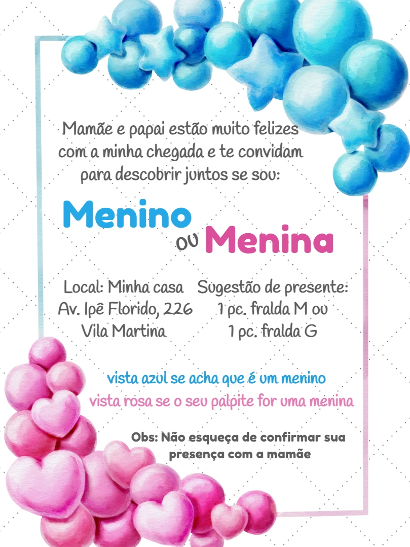 Convite Chá Revelação Balões para Editar Online