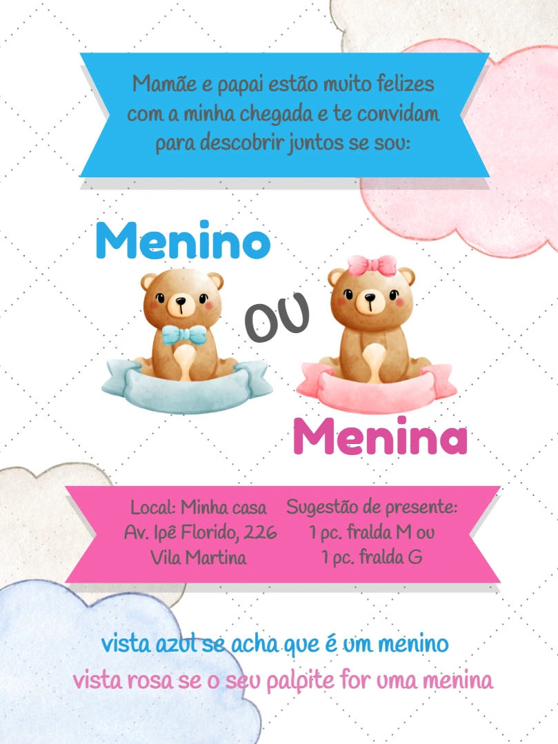 Convite Chá Revelação Ursinhos Fofos para Editar Online