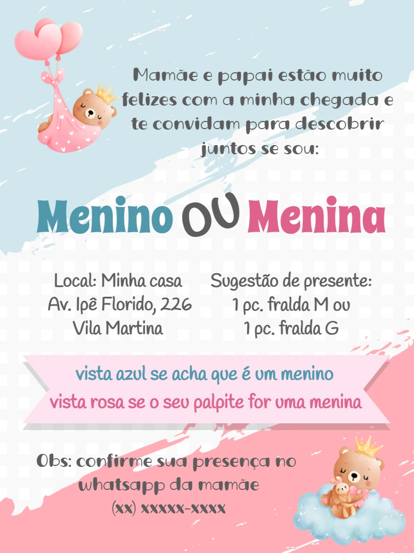 Convite Chá Revelação Ursinhos para Editar Online