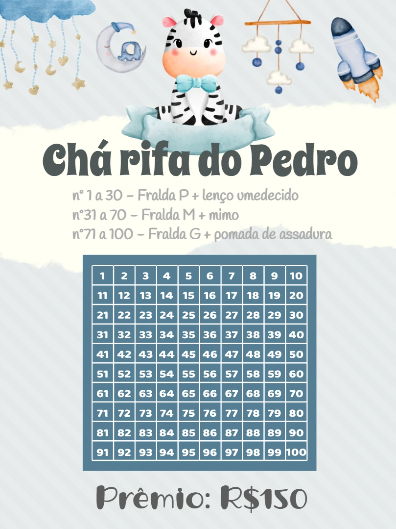 Convite Chá Rifa de Fraldas Zebra Editável Online