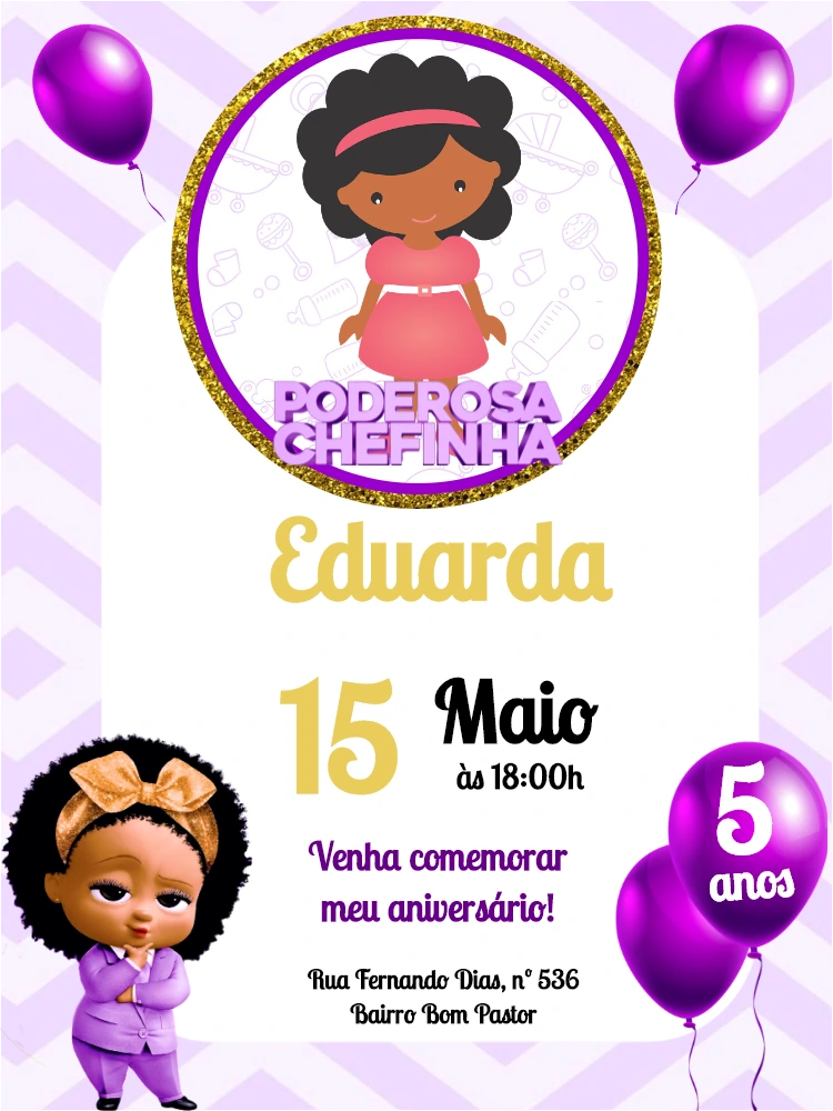 Convite Aniversário Poderosa Chefinha Negra para Editar Online