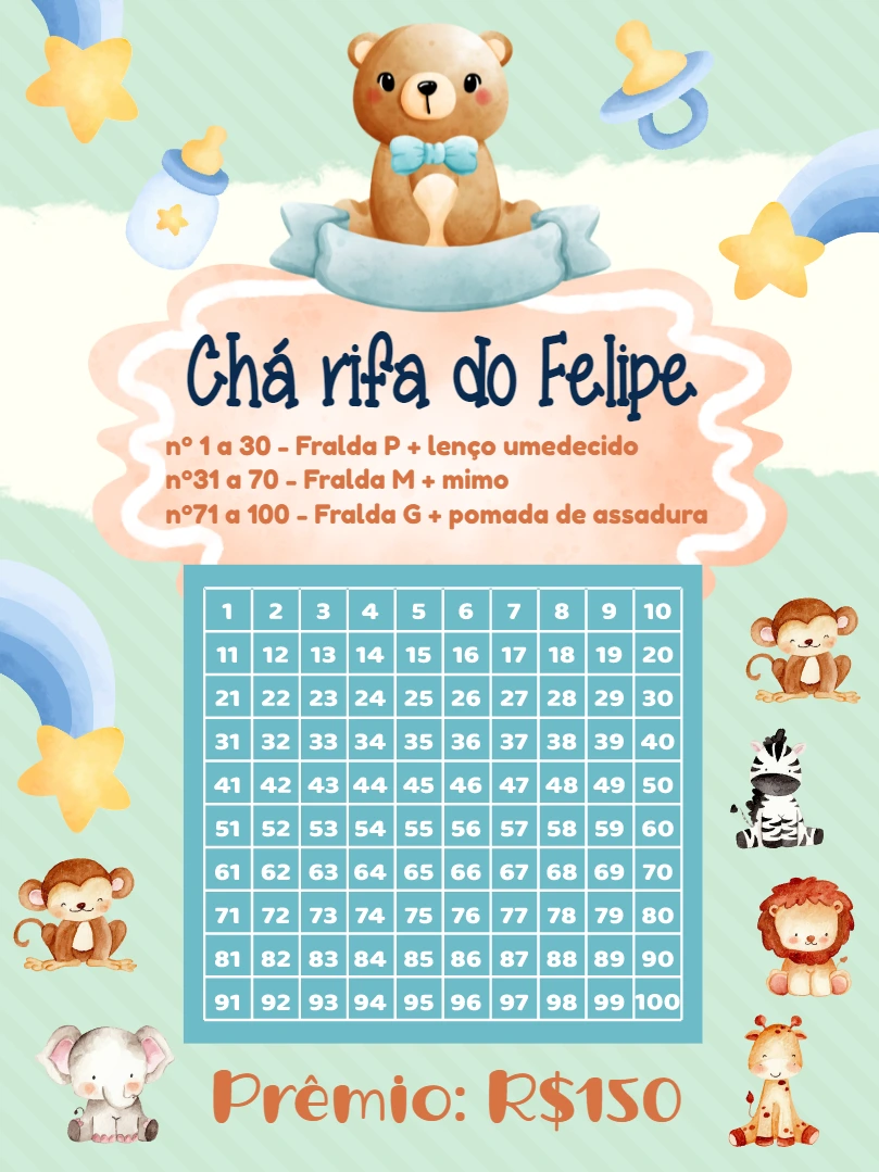 Chá Rifa de Fraldas Ursinho e Amigos para Editar Online