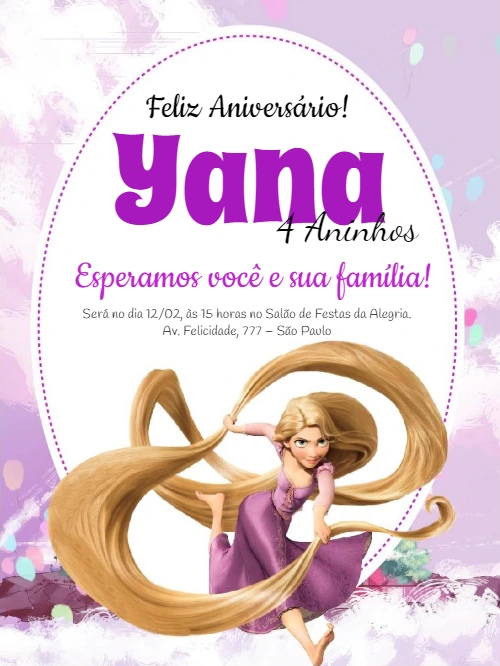 Convite de Aniversário Rapunzel Enrolados para Editar Online