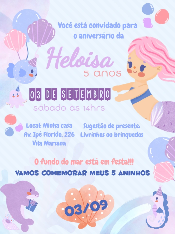 Convite de Aniversário Fundo do Mar com Sereia para Editar