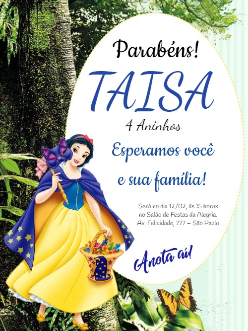 Convite de Aniversário Branca de Neve para Editar Online