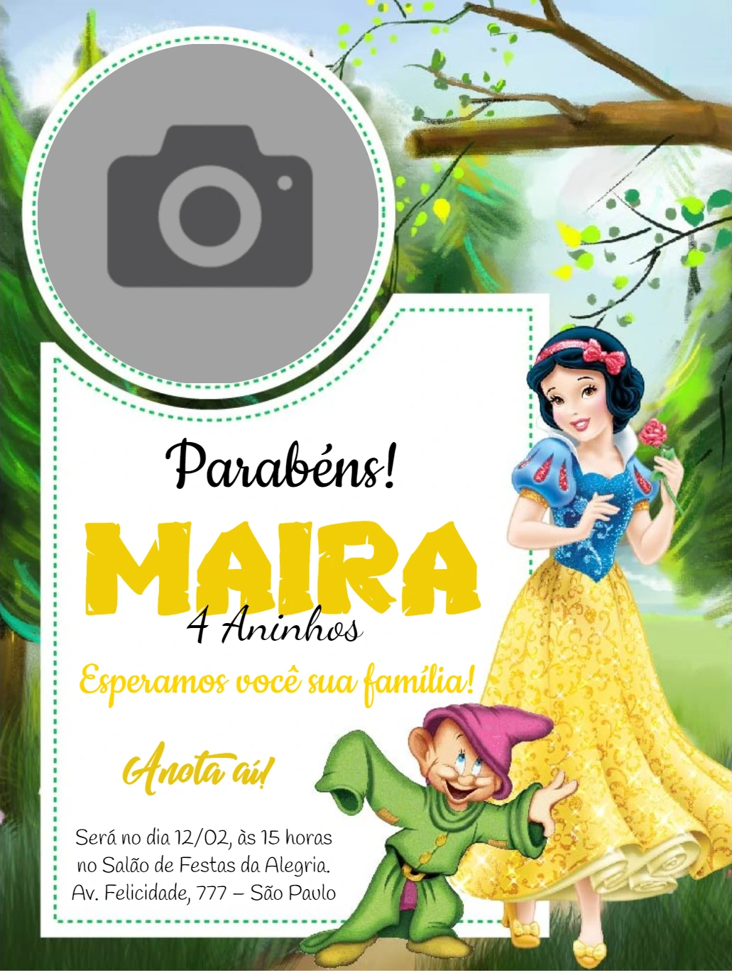 Convite Aniversário Branca de Neve com Foto para Editar Online