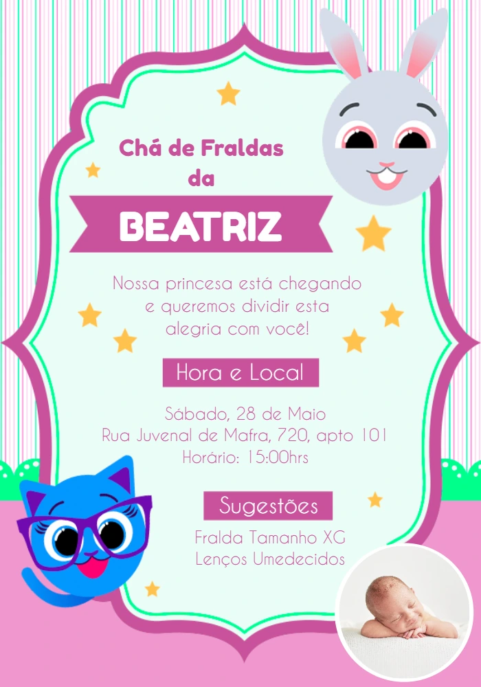 Convite Chá de Fraldas Bolofofos Rosa para Editar Online