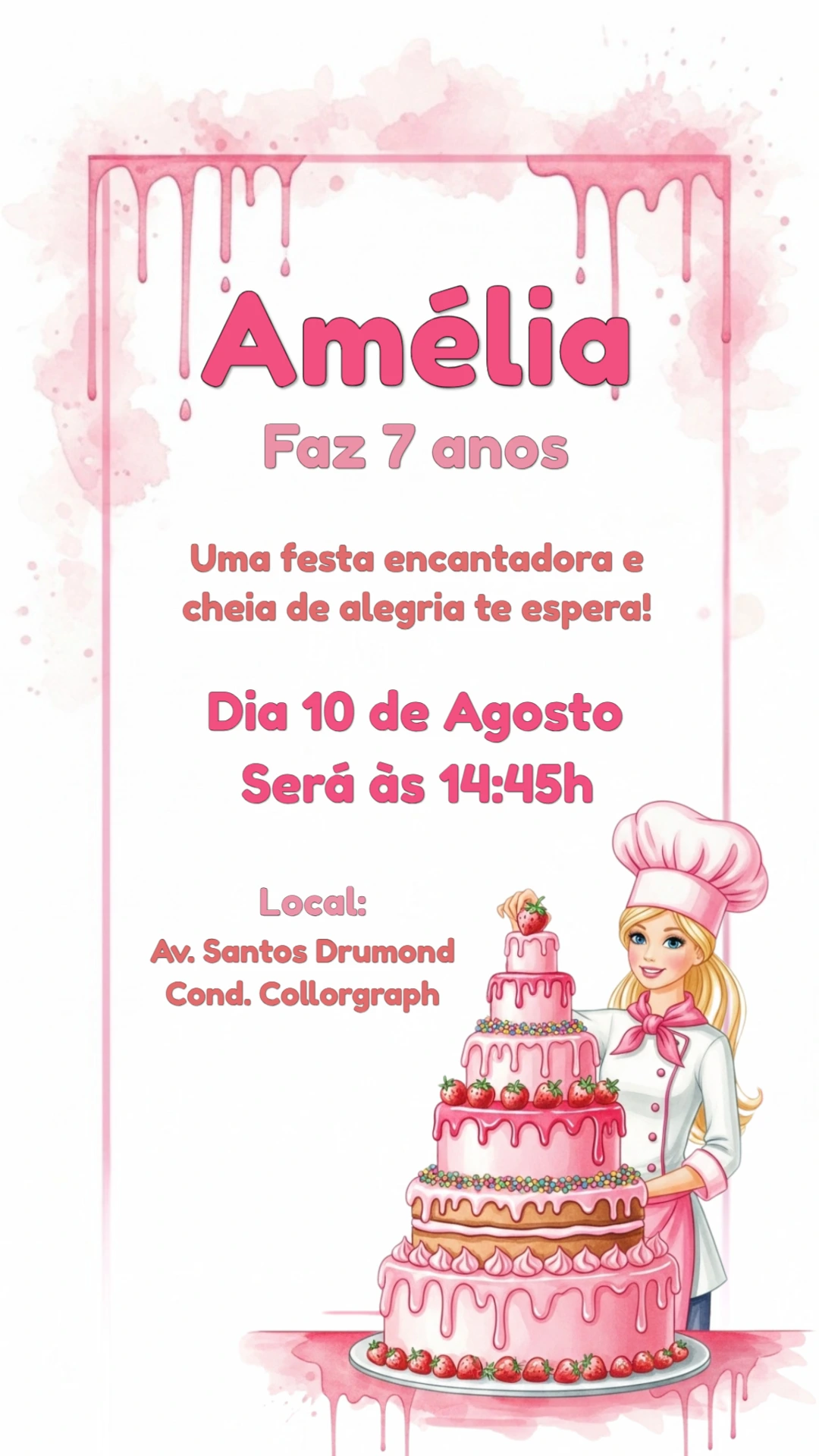 Convite Aniversário Barbie Confeiteira para Editar Online