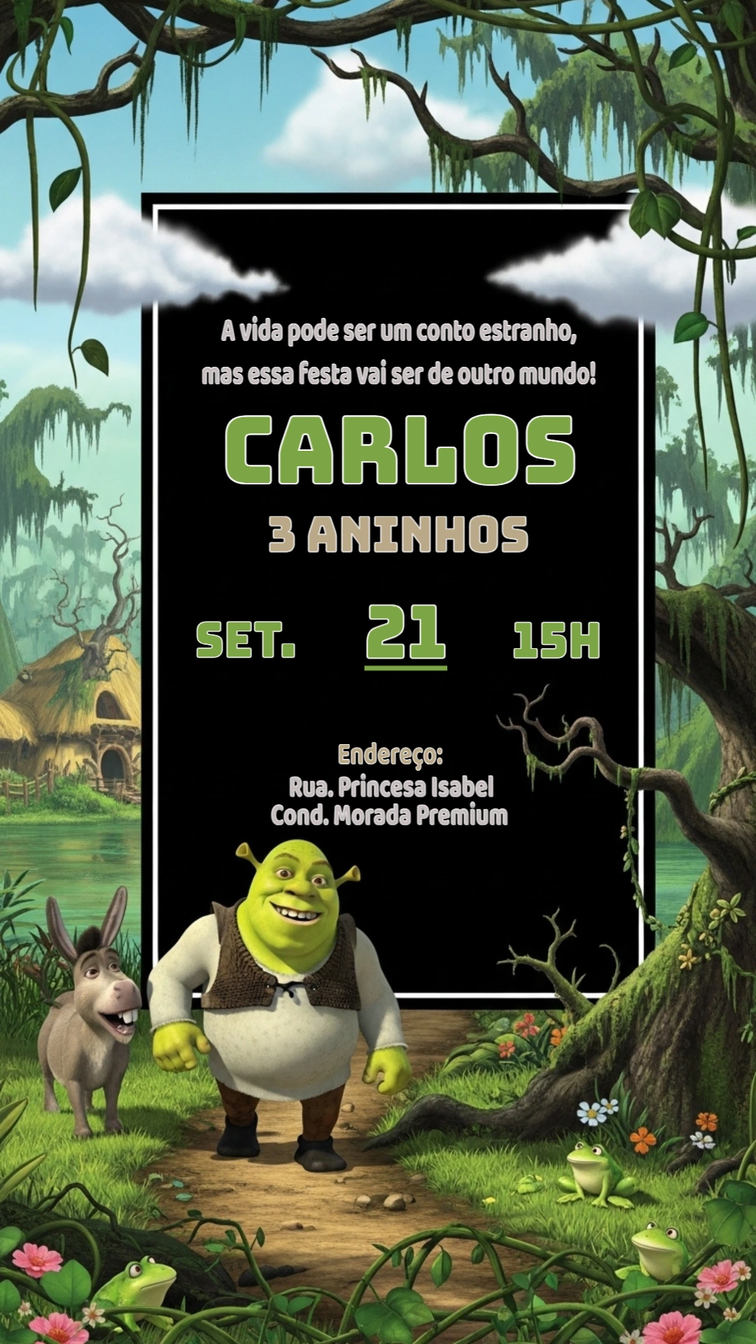 Convite de Aniversário Shrek para Editar e Imprimir