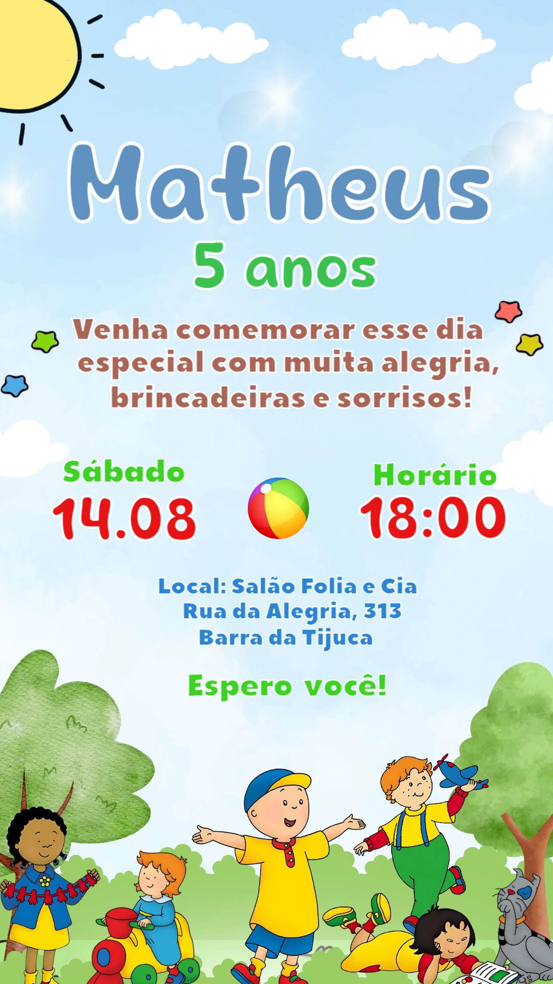 Convite de Aniversário Caillou com Personagens para Editar Online