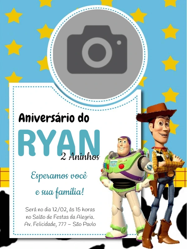 Convite Aniversário Toy Story com Foto para Editar Online