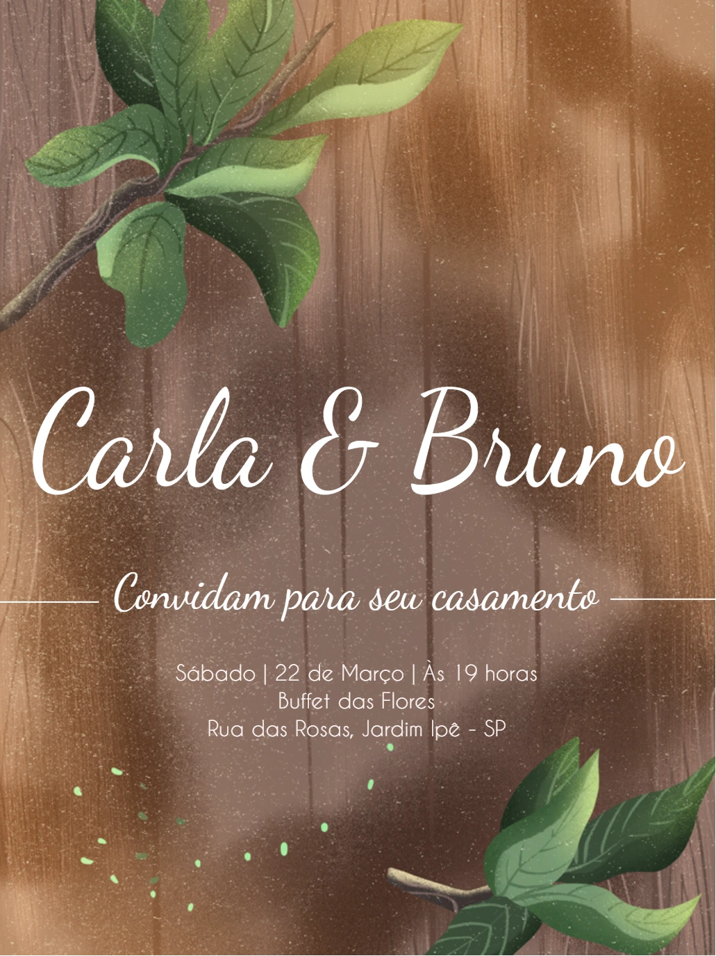 Convite de Casamento Rústico com Folhas para Editar Online