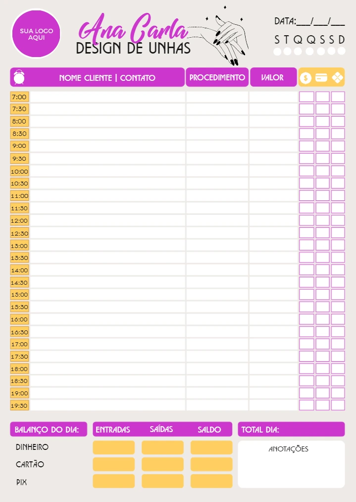 Folha de Agendamento Manicure Editável para Imprimir
