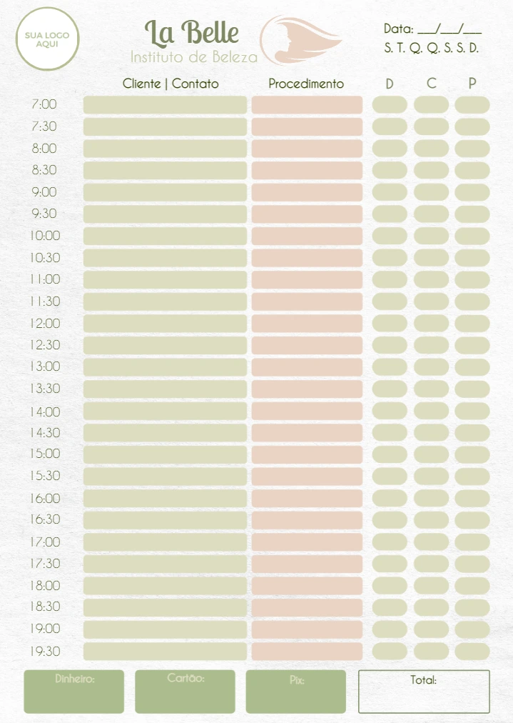 Agenda Diária para Salão de Beleza para Editar e Imprimir