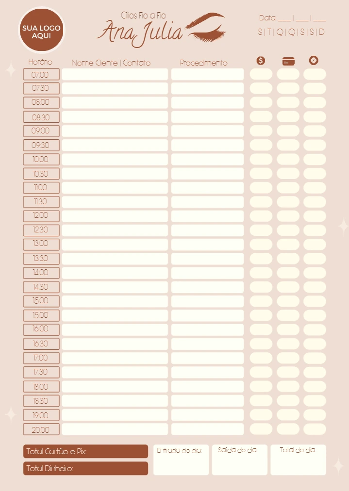 Agenda Diária para Lash Designer Editável e Pronta para Imprimir