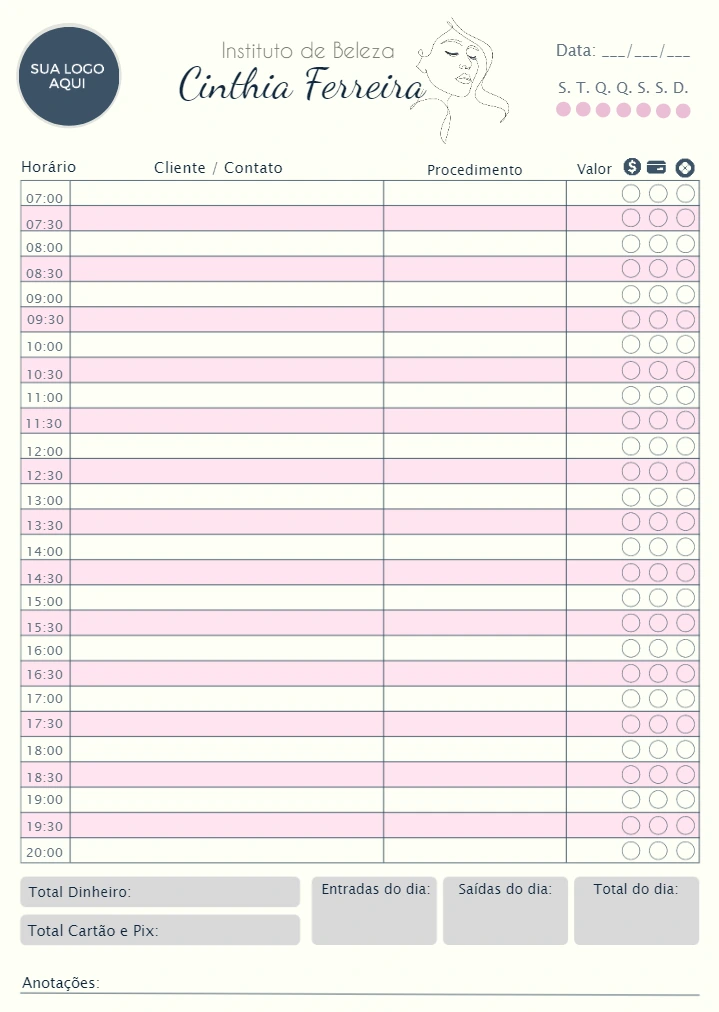 Folha de Agendamento para Salão de Beleza Editável para Imprimir