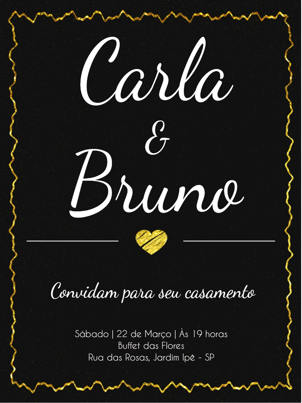 Convite de Casamento Minimalista Preto e Dourado para Editar