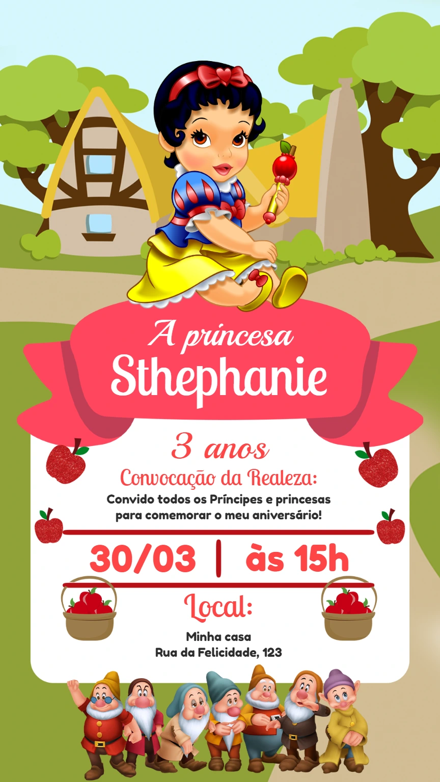 Convite de Aniversário Branca de Neve Baby para Editar Online