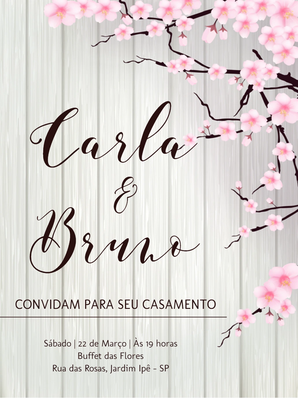 Convite de Casamento com Flores de Cerejeira para Editar Online