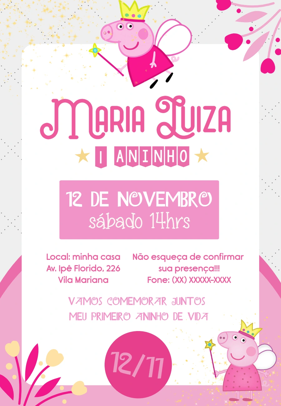 Convite Aniversário Peppa Pig Fada para Editar Online