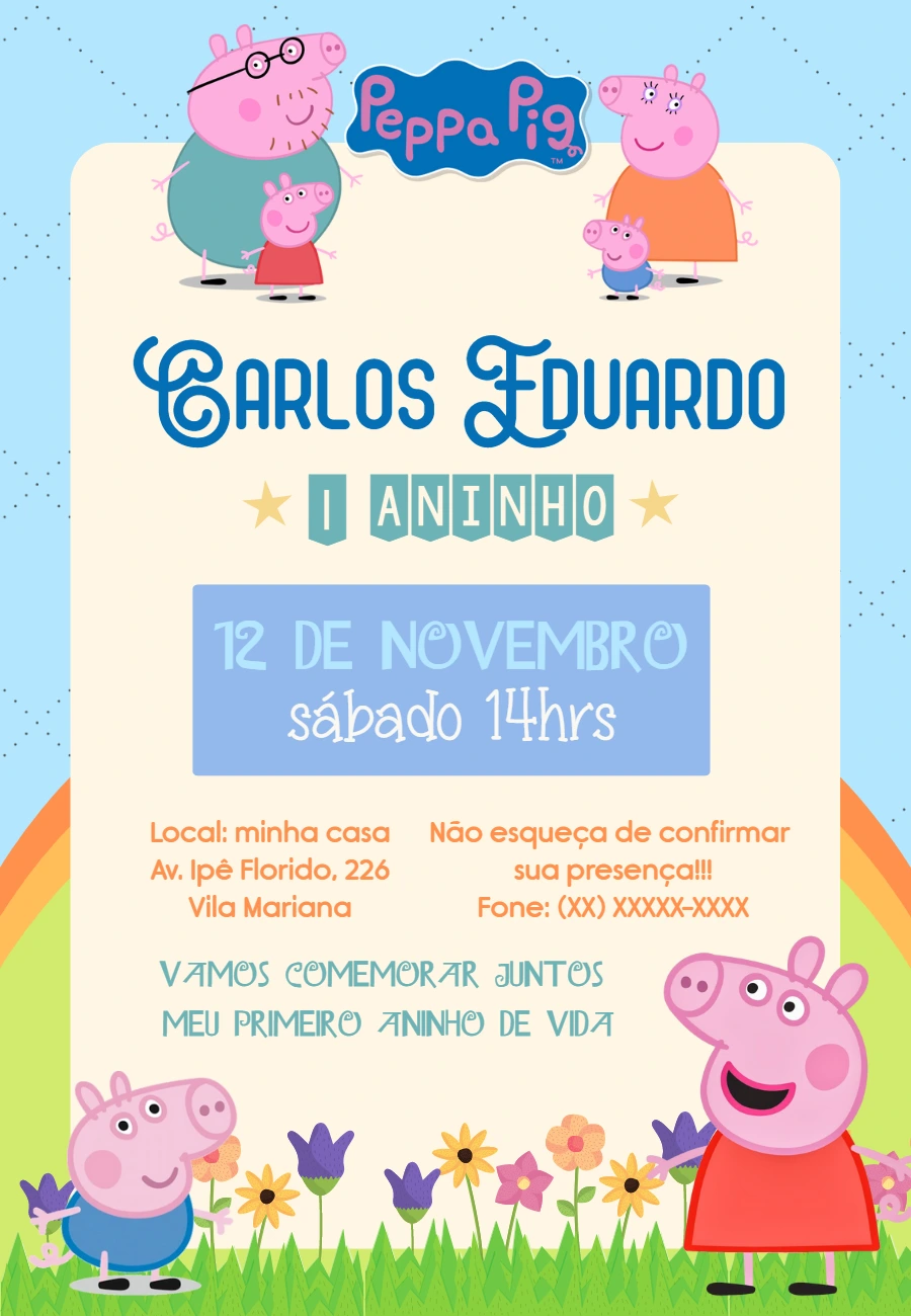 Convite Aniversário Peppa Pig para Editar Online e Imprimir