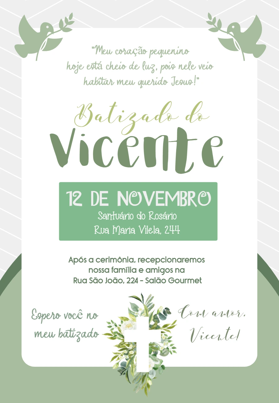 Convite de Batizado com Folhagens Verdes para Editar Online