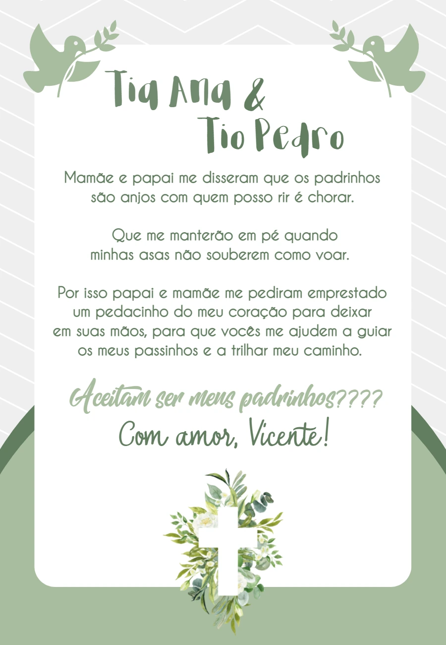 Convite Padrinhos de Batizado com Folhagem para Editar Online