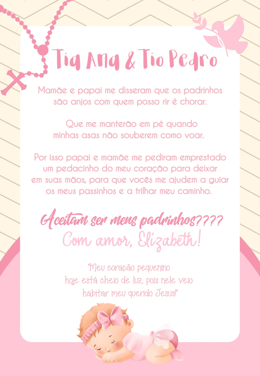 Convite para Padrinhos de Batizado Menina Editável Online