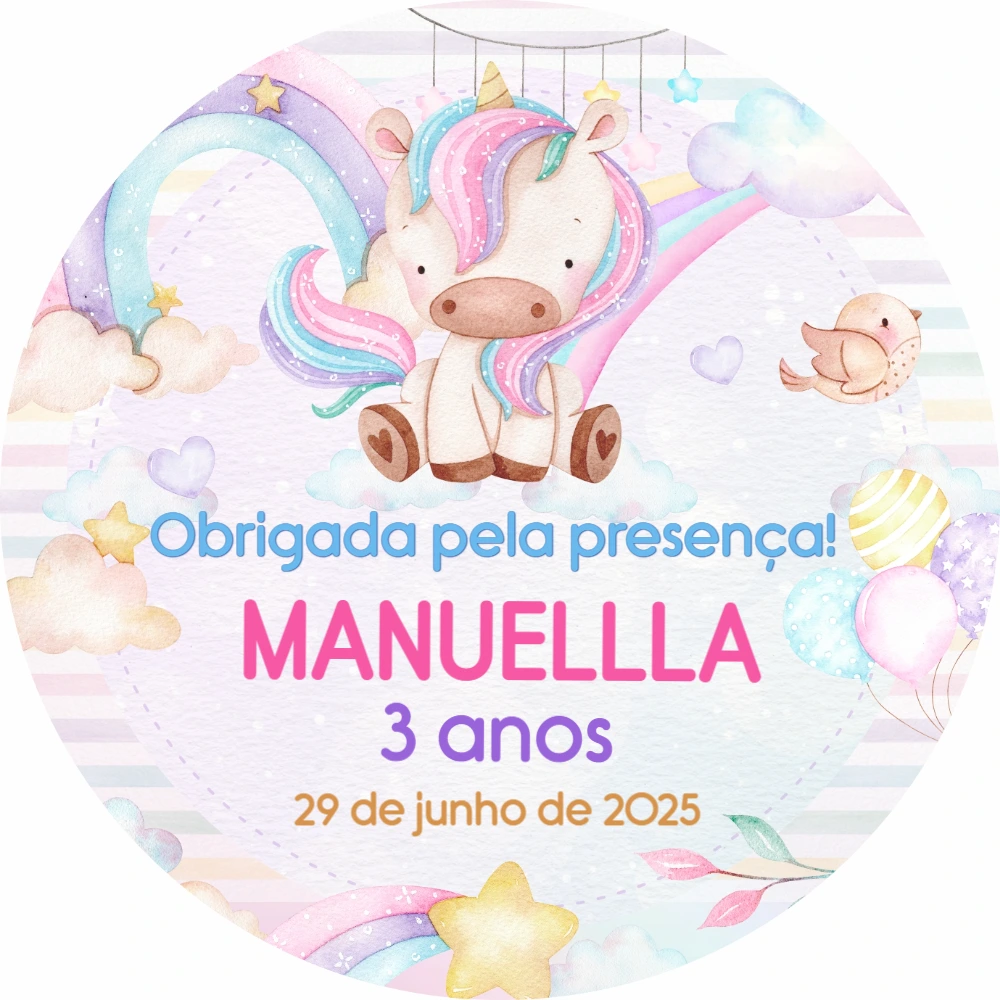 Etiqueta Redonda Aniversário Unicórnio Aquarela para Editar