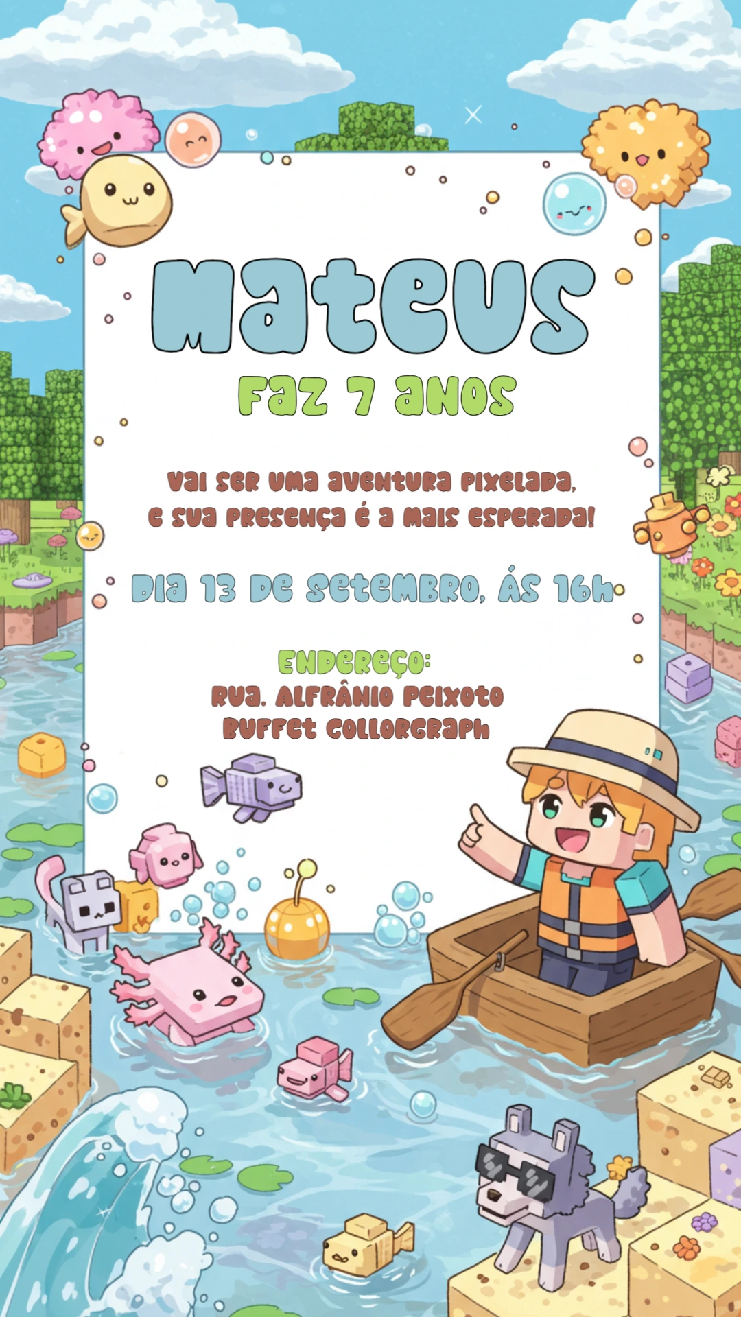 Convite Aniversário Minecraft Kawaii para Editar Online