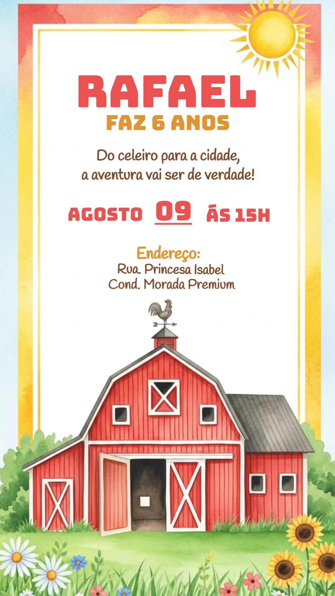 Convite Aniversário Fazendinha com Celeiro para Editar Online