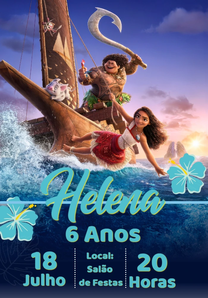 Convite de Aniversário Moana com Personagens para Editar Online