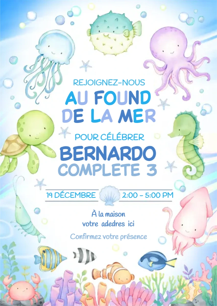 Invitation anniversaire fond marin - Modèle digital à modifier