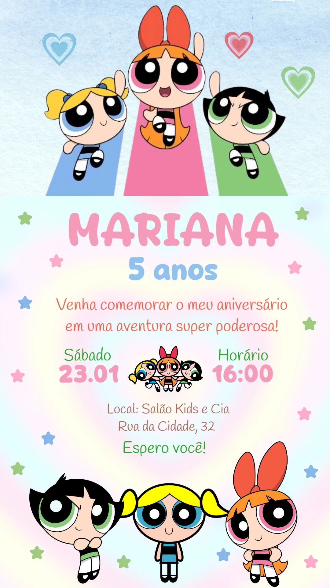 Convite de Aniversário Meninas Super Poderosas para Editar