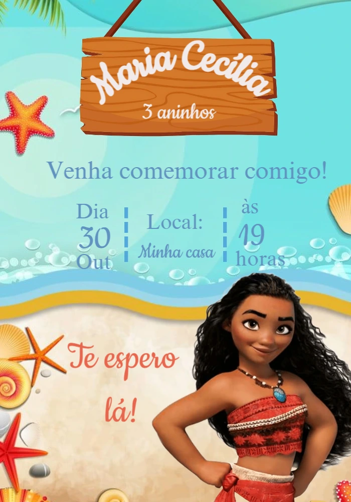 Convite de Aniversário Moana para Editar e Imprimir