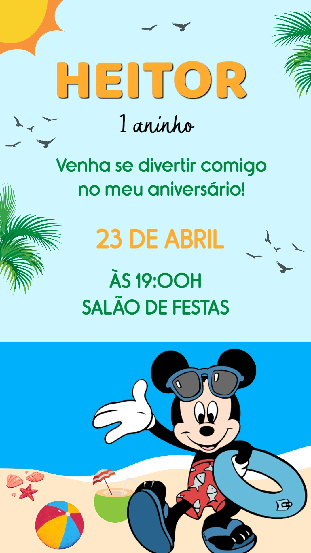 Convite Animado Aniversário Mickey na Praia para Editar