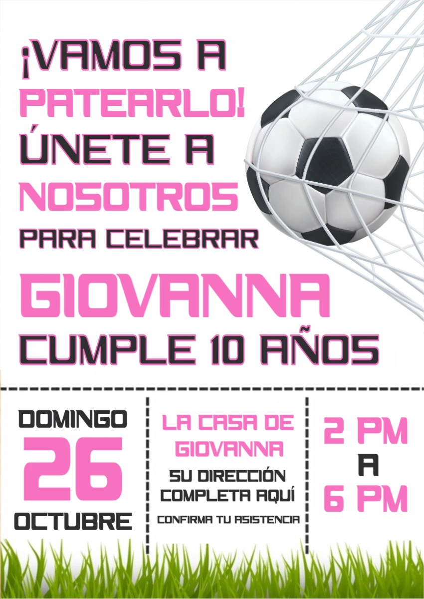 Invitación de Cumpleaños Fútbol Femenino Rosa para Editar