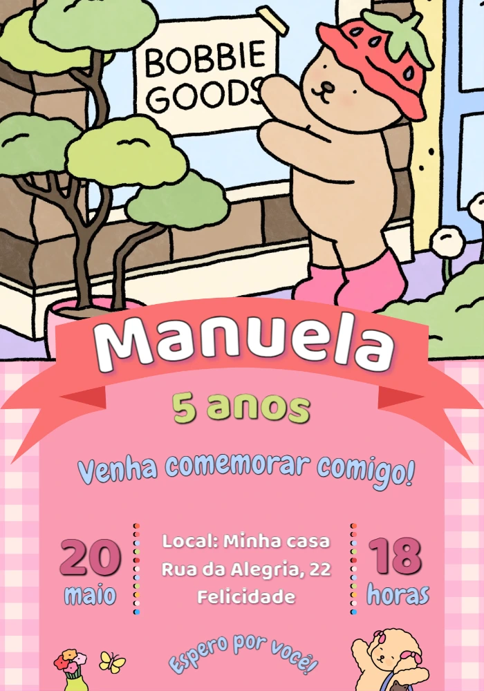 Convite de Aniversário Ursinho Fofo Estilo Bobbie Goods Editável