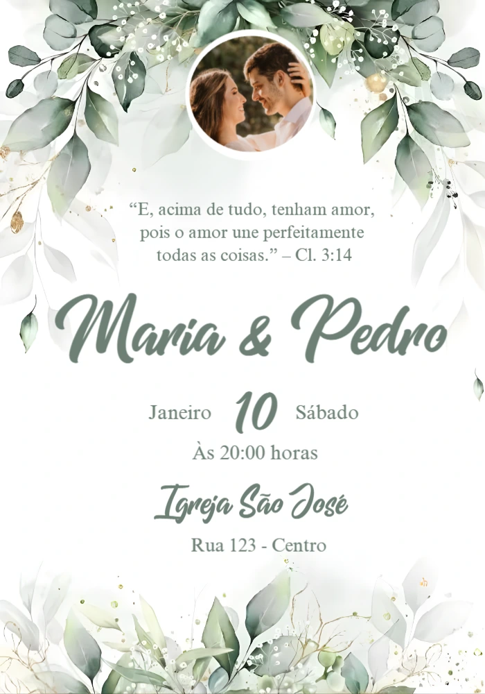 Convite Digital Casamento Elegante com Folhagens para Editar