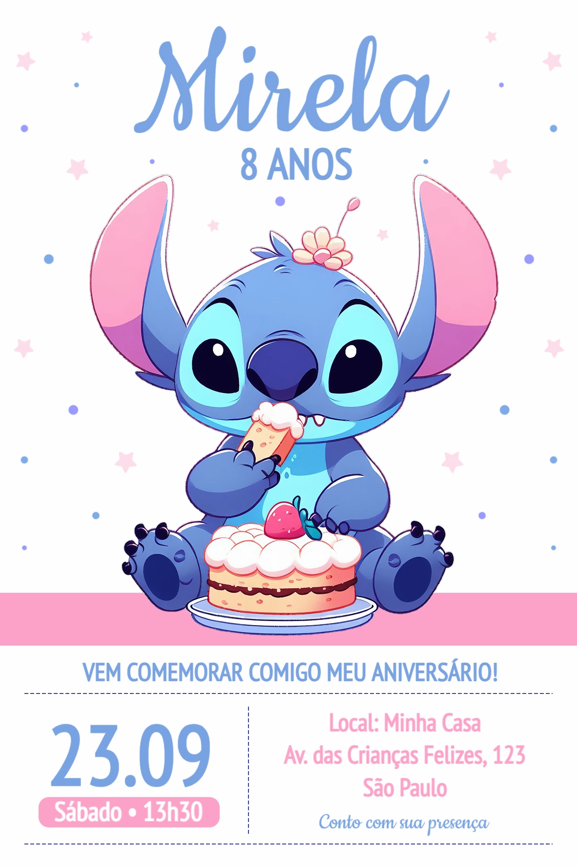 Convite de Aniversário Stitch Editável Online para Imprimir