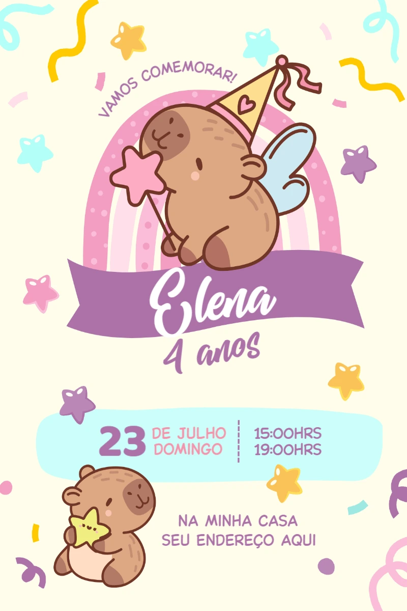 Convite de Aniversário Capivara Fofa para Editar Online
