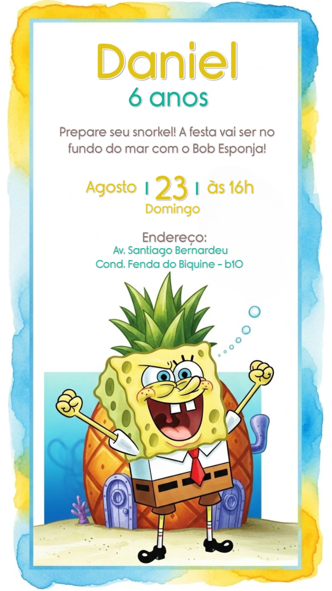 Convite de Aniversário Bob Esponja para Editar Online