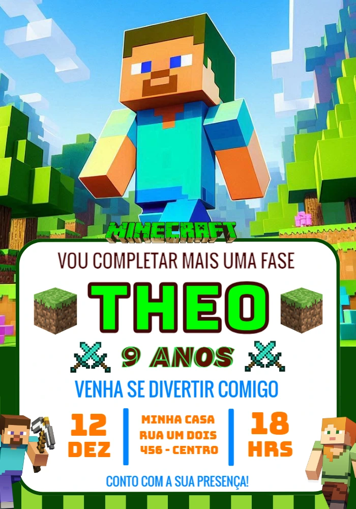 Convite Digital Minecraft para Aniversário Infantil Editável